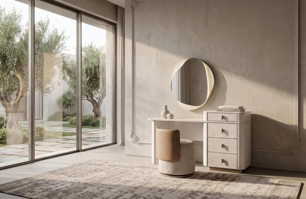 Schminktisch Set Schminktisch Hocker Spiegel Modern Beige Luxus Edel-image