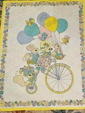 Vintage Baby Crib Quilt 32x40 Storybook Nursery Bunny Bicycle Balloons Pastel