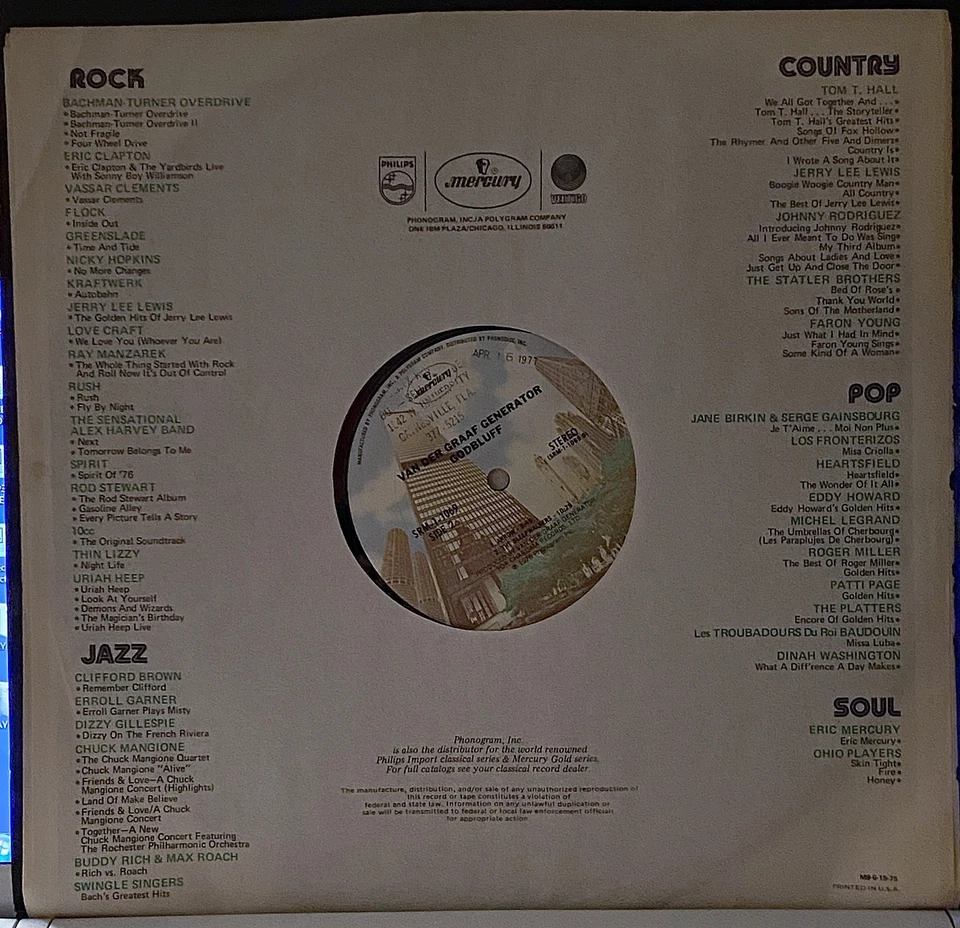 VAN DER GRAAF GENERATOR Gudbluff MERCURY SRM-1-1069 Orig LP PROG Classic 1975 M- - Image 3 of 4