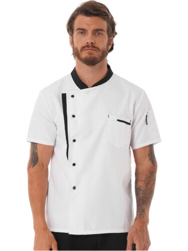 Men Chef Coat Short Sleeve Button Down Chef Jacket Cooking Kitchen Uniform Tops - Picture 3 of 19