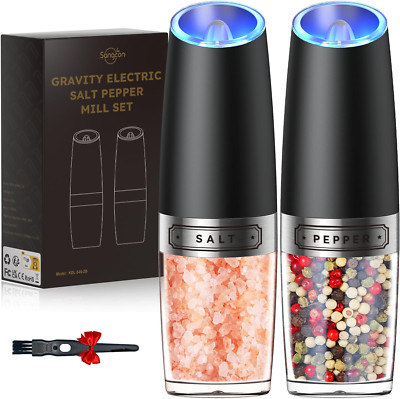 Gravity Electric Salt & Pepper Grinder Set, Auto Mill, LED, Adjustable, Portable