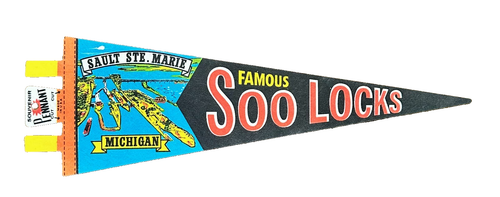1970s Michigan Famous Soo Locks Sault Ste Marie Pennant 15.5" Overall - Picture 1 of 3