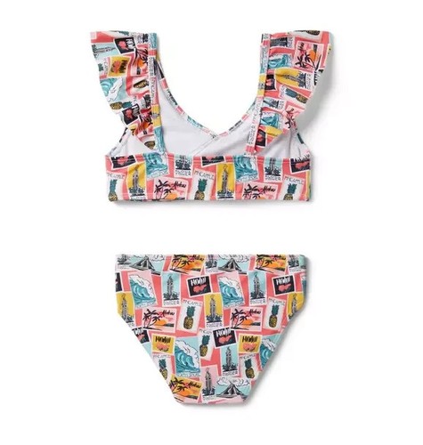 Janie and Jack L48911 Girls Multi Postcard Ruffle 2-Piece Swimsuit Size 12 - Picture 2 of 3