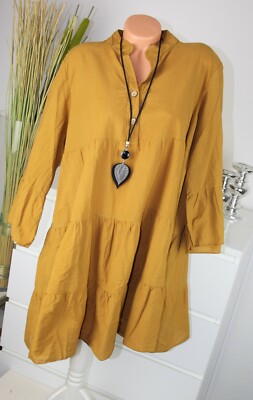 ITALY MODA Kleid UNIFARBE Midi Dress TOP Shirt Bluse CURRY S M L 36 38 40 H/M-63