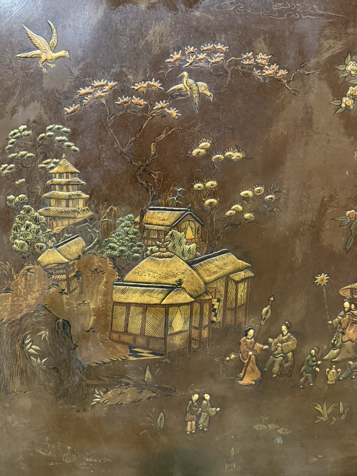 Vintage Chinese 3 Panel Screen Wall Art Inlaid Deities Village Scene Gold Accent