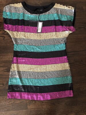 corey lynn calter sequin dress Corey Lynn Calter Round Neck Full Sequin Multi-Color Striped Shift Dress, Sz 0