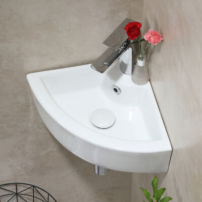 Small Corner Bathroom Sink Wall Mount White Triangle Porcelain Ceramic Above