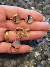 Vintage OSBEE Ostby Barton 12K GF Banded Agate Screwback Earrings & Brooch Set