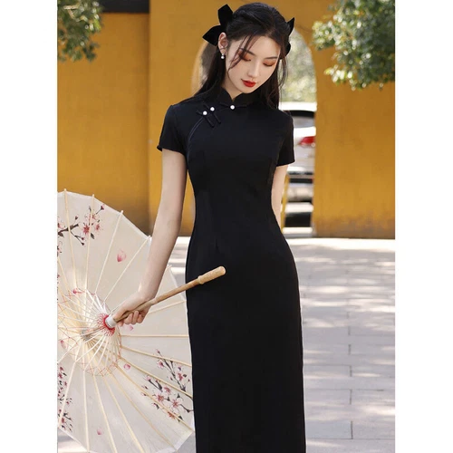 Mujeres Negro Largo Qipao Vestido Mejorado Cheongsam Elegante Chino Tradicional Club - Imagen 3 de 11