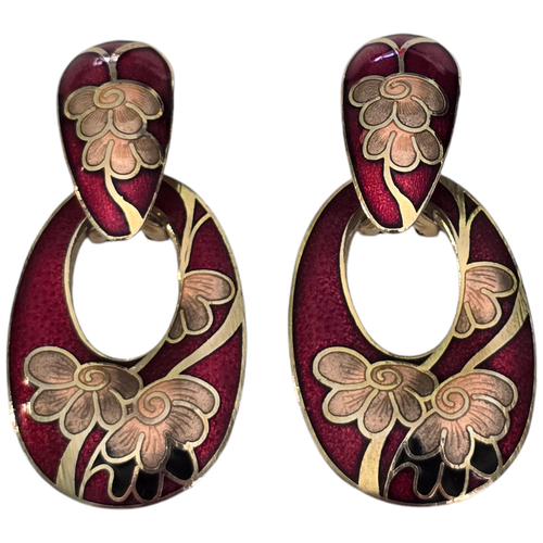 Vintage Cloisonne Door Knocker Earrings Gold Tone & Red Floral 2" - Picture 12 of 12