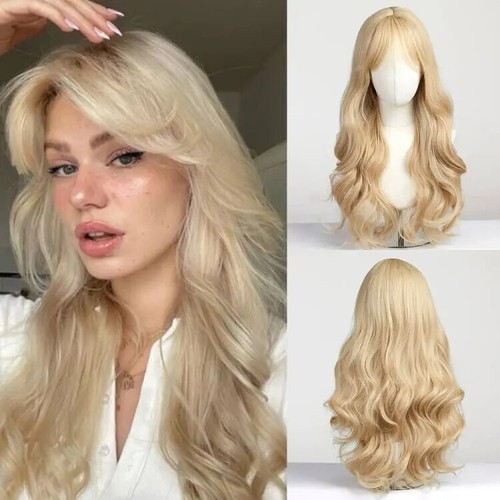 Ombre Blonde Synthetic Long Wavy Wigs with Bangs for Women Heat Resistant Hair - Bild 29 von 54