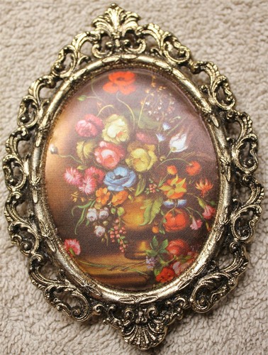 Nuevo de lote antiguo años 80 de colección 3 pequeñas flores enmarcadas en metal tela de seda HOMCO #8826BF Italia - Imagen 4 de 7
