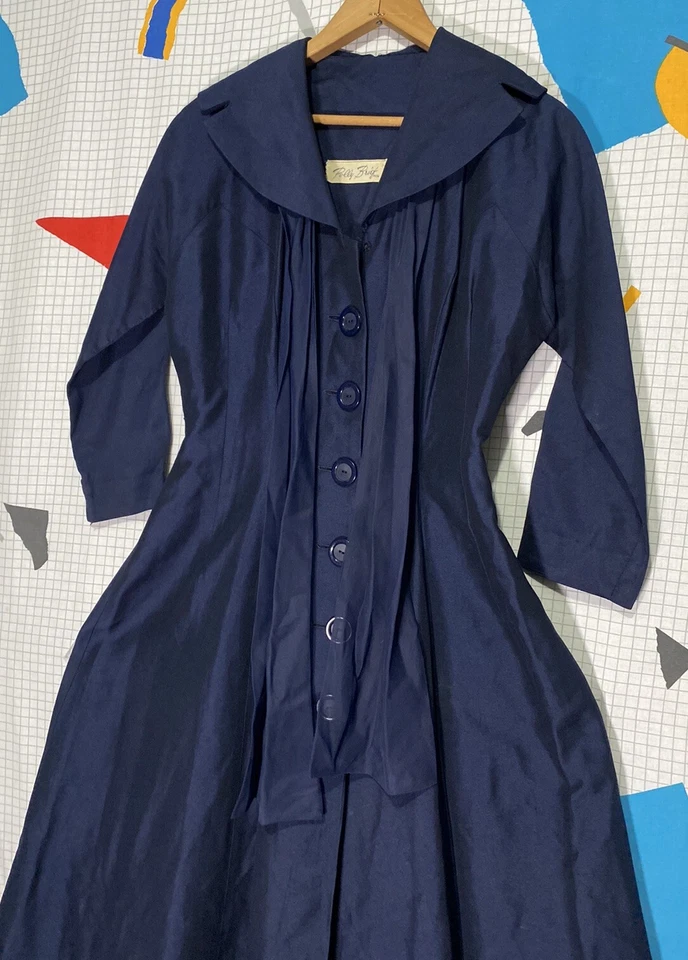 Vestido Gabardina Vintage Años 40 Cóctel Años 50 Botón Frontal Azul Marino Nueva York Lazo Lucy Foto 4 de 4