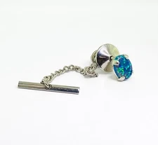9 x 7 mm Oval Created Blue Opal Sterling Silver Tie Tack Pin