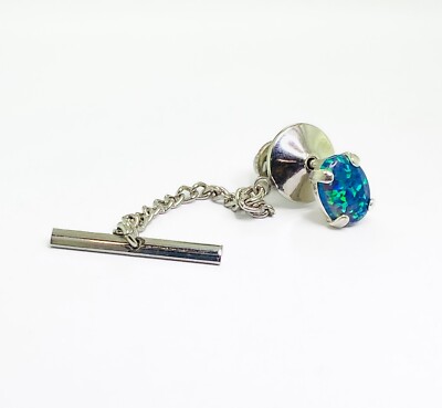 x mm Oval Created Blue Opal Sterling Silver Tie Tack Pin