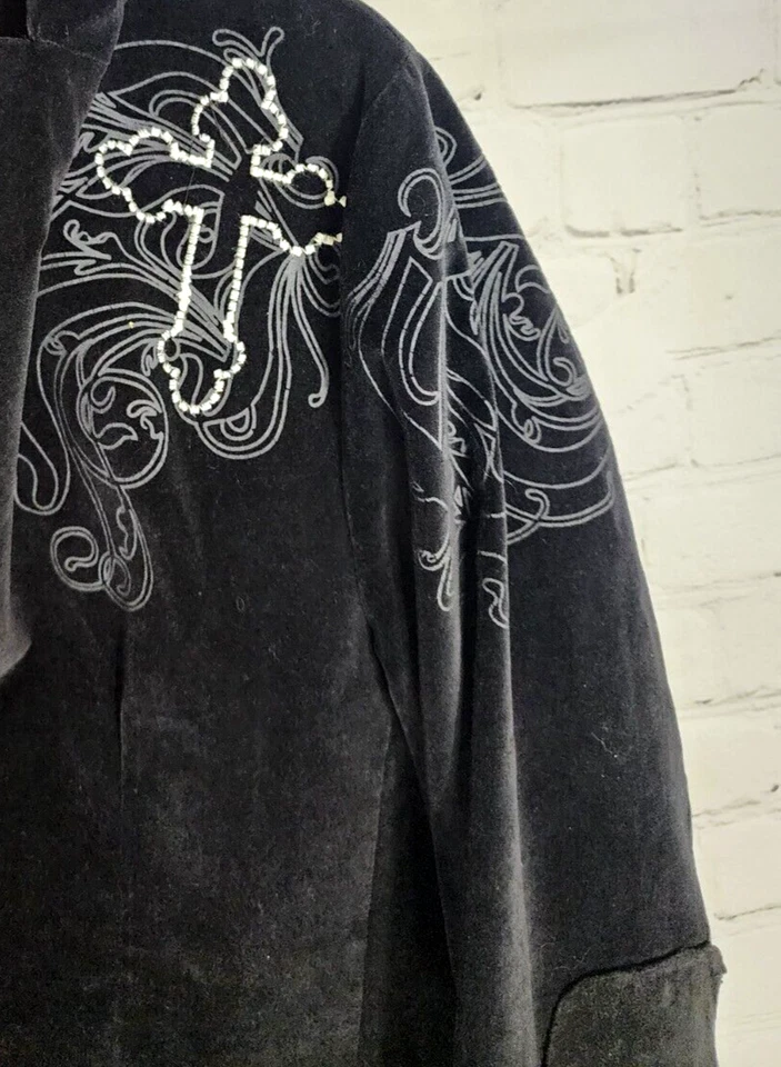 ROAR VELVET Blazer Jacket Mens Sz L Black Graphic Print Two Button Elbow Patch - Image 3 of 4