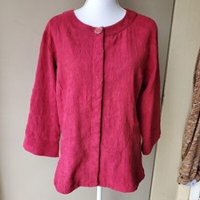 Coldwater Creek Jacket Womens 16 Red Velvet Crinkle 3/4 Sleeve Button Up Ladies