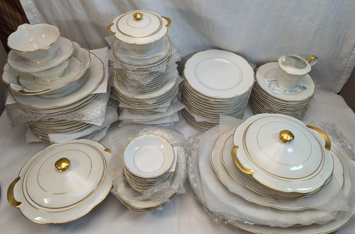 103 Pc. Theodore Haviland White & Gold China Set for 14, Vintage