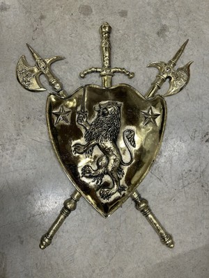 Vintage Coat of Arms Royal Heraldic Lion 34  Large Metal Crest Shield Sword Axe