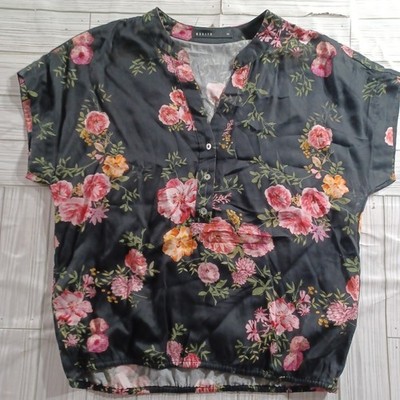 Mohito Women Floral V-Neck Blouse Black Pink Short Sleeve Elastic Hem Size 34
