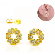 Heart Cluster Circle Stud Earrings 24K Gold Plated Romantic Jewelry CZ Diamond
