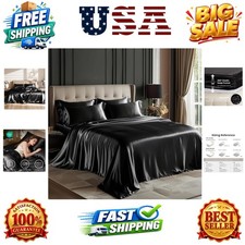 Satin Queen Sheets Set - 4 Piece Black Silky Bed Sheets Set with Deep Pocket,...