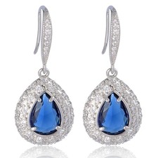 Sterling Silver Blue Sapphire CZ Crystal Dangle Drop Earrings - Wedding Bridal C