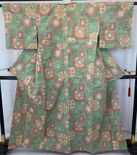 Japanese Vintage Kimono Silk Green Tumugi Traditiona Authentic Length 62 in