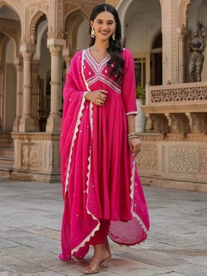 Women's Aliya Cut Chanderi Silk Kurta Set Indian Wedding Wear Kurti Pant Set