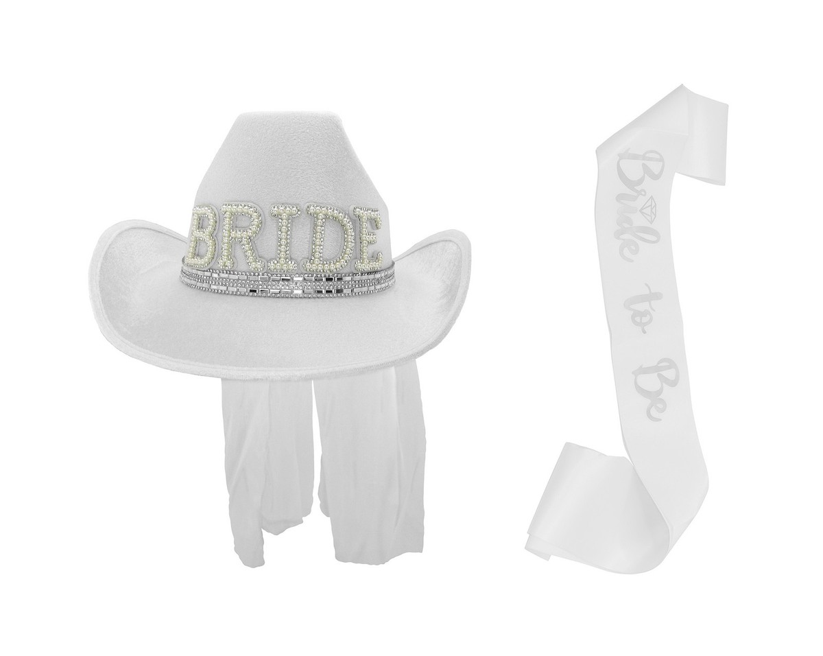White Cowboy Cowgirl Bride Bling Hat With Veil and Sash 