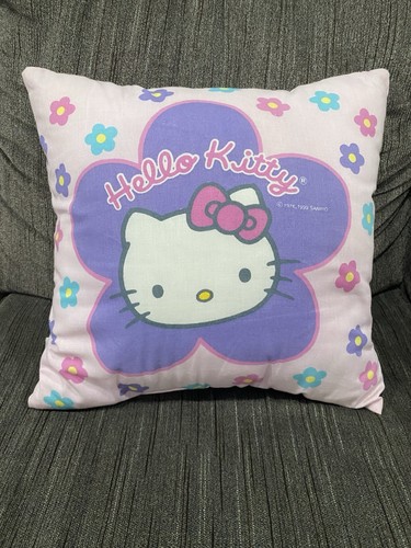 Vintage Y2K Sanrio Hello Kitty Pink Pillow Flowers Purple Throw Pillow 15”x15.5”