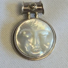 Sterling Silver Pendant 6.1g Fine Jewelry White Carved MOP Moon Face  *READ*