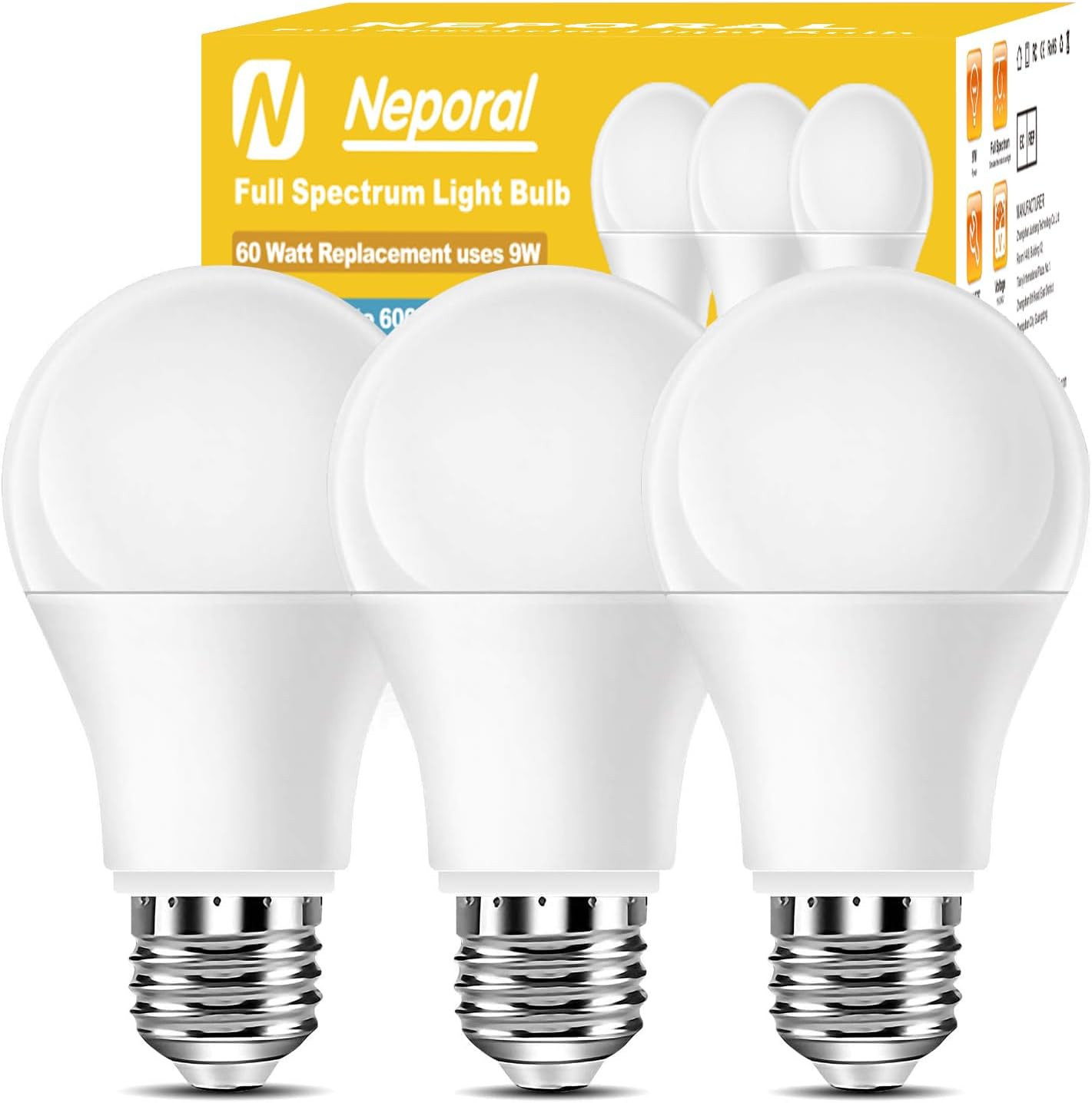 Full Spectrum Light Bulb, 6000K Natural Sunlight Bulbs, 9W 60W Equivalent LED Li