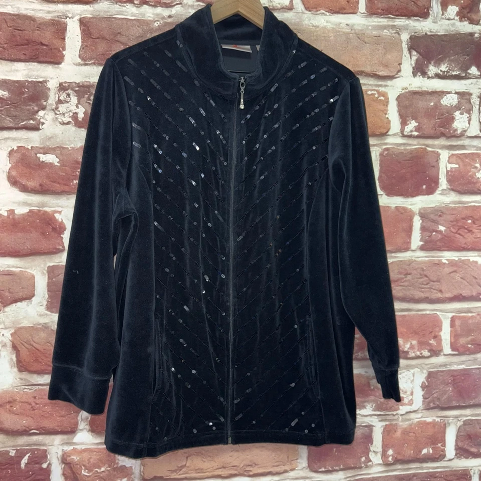 Quacker Factory Jacket Womens 1X Black Velvet Velour Sequin Casual Zip Up - Image 2 of 4