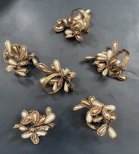 Vtg Kim Seybert Brass Pearl Bead Flower Napkin Rings Set 6 Mid Century