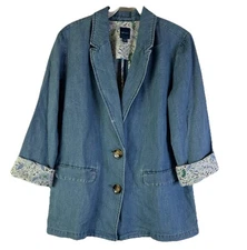 J.Jill Denim Chambray Blazer Jacket Womens Small Petite Contrast Cuffs Barn