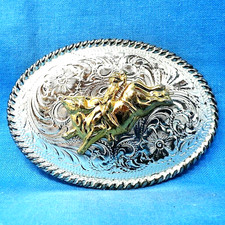 Western Bull Rider Cowboy Dress Belt Buckle German Silver Vtg Mexico .MMR229