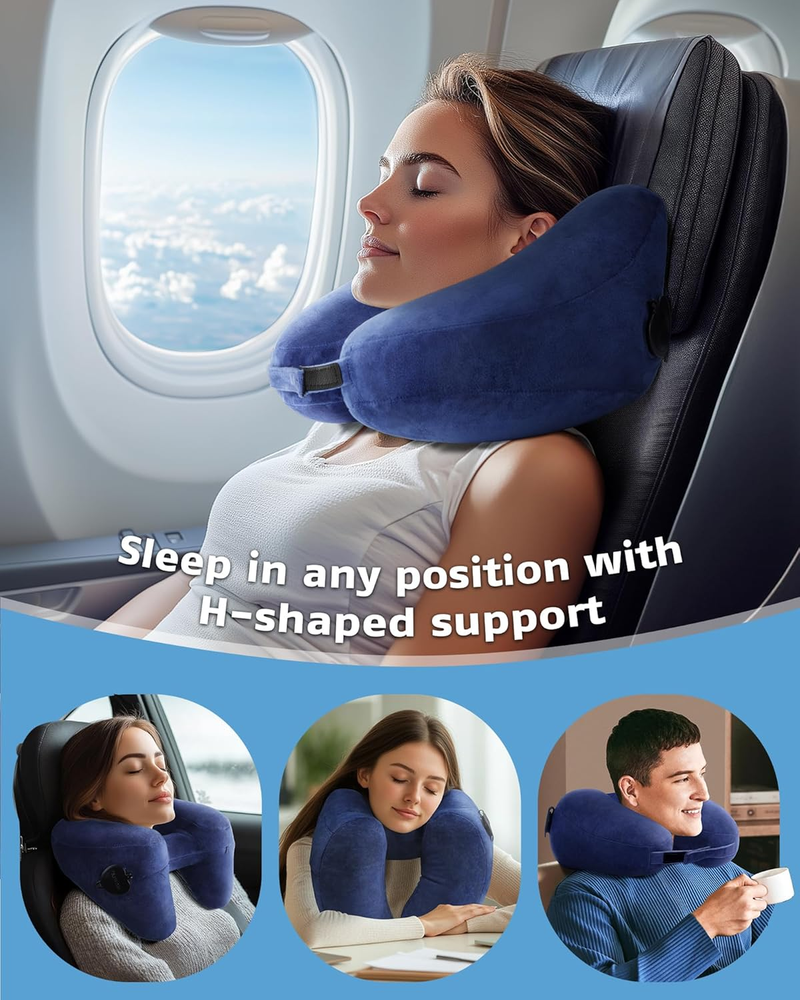 Inflatable Travel Neck Pillow with Soft Velvet Cover for Airplane Comfort