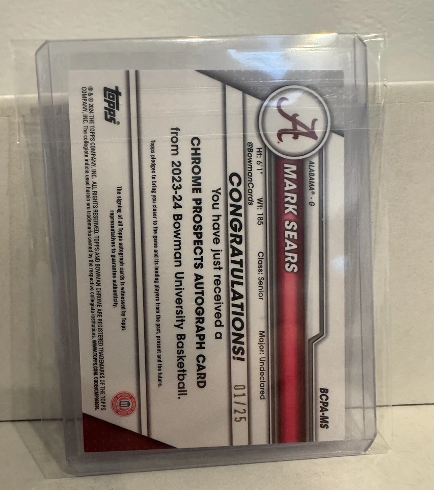 2023-24 Bowman University Chrome Mark Sears Auto  /25 1st Bowman Number Match - image 2 of 2