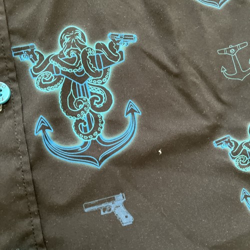 Retro Glocktopus Black Blue Hawaiian Button Up Shirt Rifle Anchors Design Medium - Picture 9 of 12