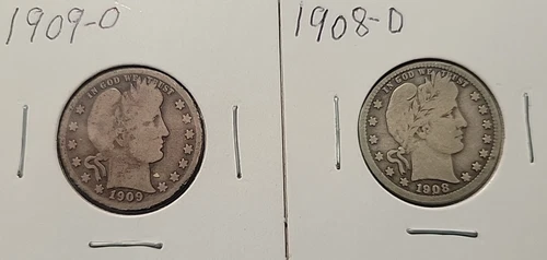 1909-O & 1908 D BARBER SILVER QUARTER NICE CIRCULATED GOOD