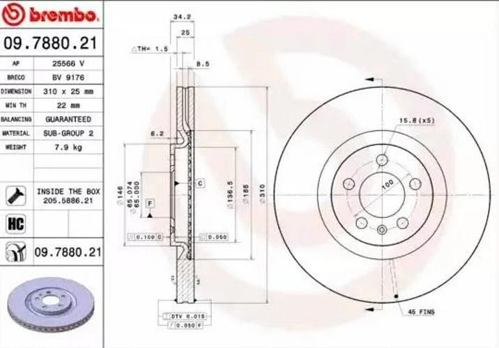 2x BREMBO 09.7880.21 Disco de freno Delantero para AUDI A1 Sportback (8XA, 8XF) - Imagen 3 de 4
