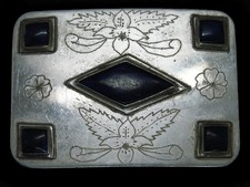 TJ07125 VINTAGE 1970s  BLUE STONE ORNAMENTAL  ENGRAVED WESTERN  COWBOY BUCKLE