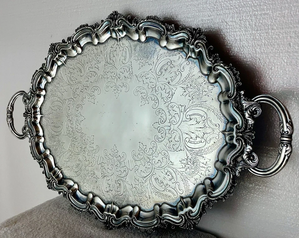 BANDEJA GRANDE ANTIGUA PLATEADA GRABADA MAYORDOMOS MANGO ORNAMENTADA PERFORADA 17"x27" Foto 3 de 4