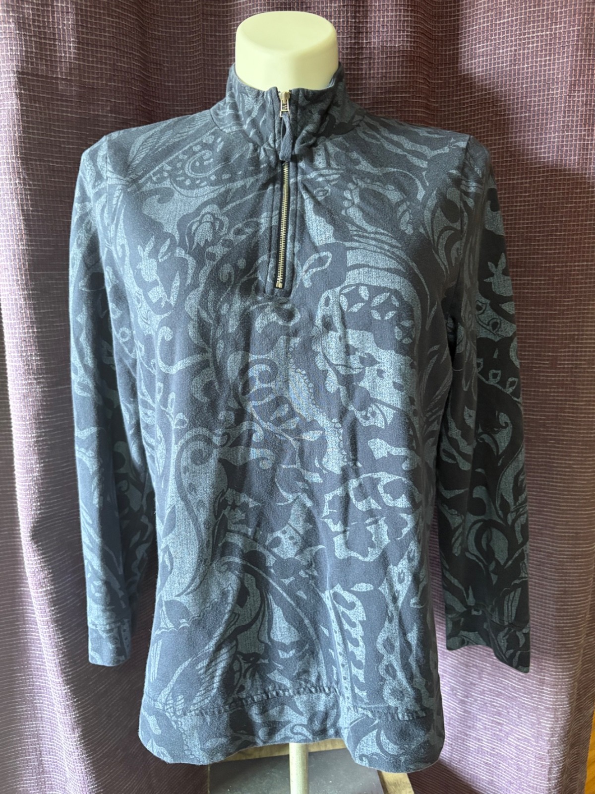 Weekends by Chicos 1/4 Zip Shirt High Neck Long Sleeve Floral Print Pullover