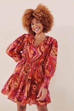 Farm Rio Womens Size S Red Orange Banana Juice Boho Puff Sleeve Tie Mini Dress