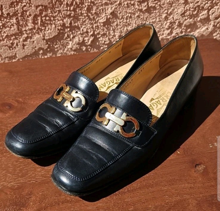 Salvatore Ferragamo Navy Gancini Leather Block Heel Loafers 