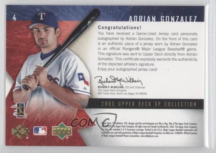 2005 SP Collection SPx Gold Signature Materials /10 Adrian Gonzalez #4 Auto - Image 2 of 2