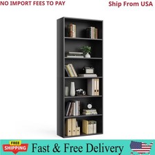 6-Tier Bookcase 63in Adjustable Shelves Anti-Tip Floor Standing Black Wood