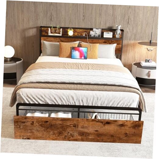 Full Size Metal Bed Frame Furniture with Storage Headboard, Charging Station